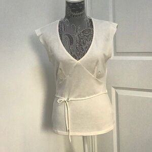 Cream Sleeveless Wrap Blouse with Tie Front, Size XL